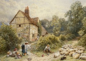 Fowl House Farm, Witley, med barn, en gjeter og en saueflokk i nærheten,