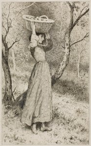 Ung jente i en frukthage med en kurv med frukt av Myles Birket Foster