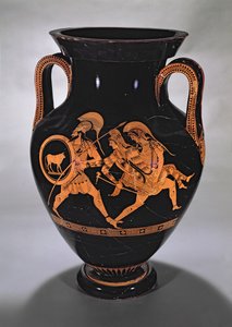 Loftsbukamfora med rød figur som viser bortføringen av Antiope med Theseus og Pirithous, ca. 500-490 f.Kr. (keramikk) av Myson
