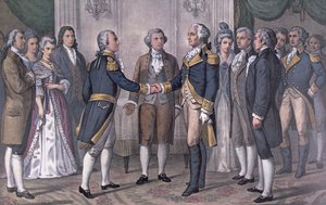Det første møtet mellom general George Washington (1732-99) og Marquis de La Fayette (1757-1834) Philadelphia, 3. august 1777, publisert i 1876 (farge litho) av N. and Ives J.M. (after) Currier