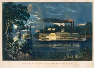 "Rounding a Bend" på Mississippi - The Parting Salute av Currier and Ives