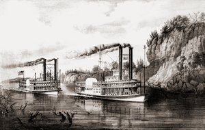 Dampbåter som kappseiler på Mississippi-elven, USA. av N. and Ives J.M. Currier