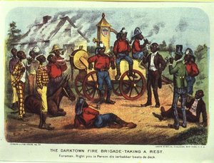 Darktown Fire Brigade tar en hvile (farge litho) av Currier and Ives
