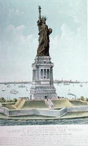 Den store Bartholdi-statuen, Liberty Enlightening the World (farge litho) av Currier and Ives
