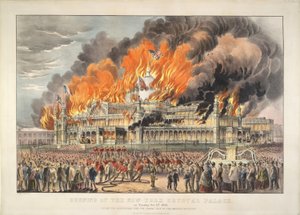 Brenning av New York Crystal Palace tirsdag 5. oktober 1858 (fargelitografi)   Farget litografi av Currier and Ives