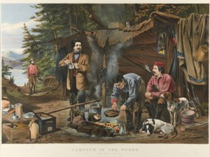 Camping i skogen "A Good Time Coming" (fargelitografi) av Currier and Ives