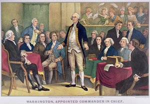 George Washington (1732-99) utnevnt til øverstkommanderende, utgitt 1876 (farge litho) av Currier and Ives