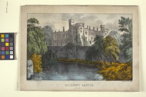 Kilkenny Castle, Irland (håndfarget litografi)