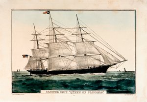 Litografi med tittelen «Clipper Ship, Queen of Clippers», 1853 av N. Currier