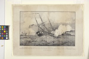 Sinking Of The Cumberland av The Ironclad "Merrimack" (litografi)