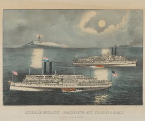 Dampbåter passerer ved midnatt på Long Island Sound av Currier and Ives