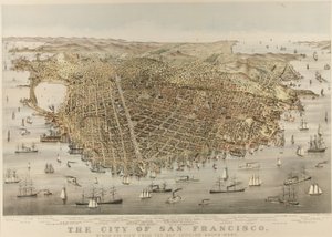The City of San Francisco - Fugleperspektiv fra bukten, sørvestover av Currier and Ives