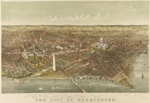 The City of Washington: Fugleperspektiv fra Potomac mot nord av Currier and Ives