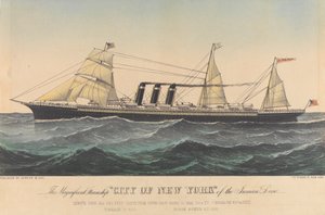 Det praktfulle dampskipet «City of New York» fra Inman-linjen, sent på 1800-tallet (litografi, fargelagt)
