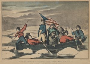 Washington krysser Delaware kvelden før slaget ved Trenton, 5. desember 1776 av Currier and Ives
