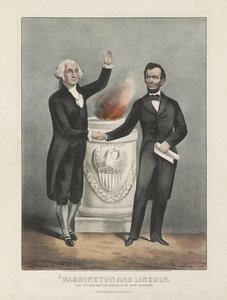 Washington og Lincoln. Vårt lands far og frelser, ca. 1865 (fargelitografi) av Currier and Ives