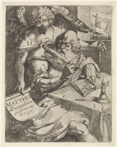 Evangelisten Matteus Matthei Evangelium åpner og argumenterer (tittel på objekt) Tittelside for: S. van Til, Het euangelium des H. Apostles Matthæi (...) åpnet med korte notater, 1687 av N. van Til