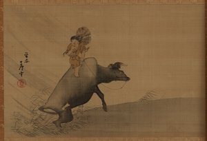 Gjetegutt på en vannbøffel i et regnvær, Edo-periode, sent på 1700-tallet.