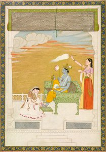 Lakshmi masserer foten til Vishnu, ca. 1765-1770. Skapere: Nainsukh, Manju. av Nainsukh Manju