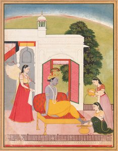 Krishnas føtter vasket av hushjelper, Punjab Hills, Basohli, ca. 1780
