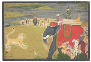 Raja Balwant Dev Singh på en løve shikaar, ca. 1750