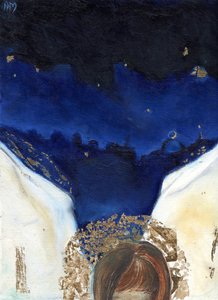 Natt engelen fikk vingene sine, 2014, (olje og bladgull på kort) av Nancy Moniz Charalambous