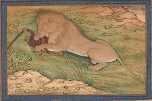 Perils of the Hunt, A Lion pounces on a Hunter, ca. 1615 (ugjennomsiktig wc på silke) av Nanha