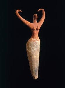 Kvinnefigur, ca. 3500-3400 fvt (leire og pigment)