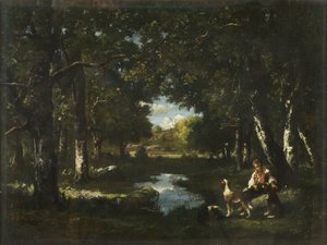 Mann og hund hviler i Forest Glade (olje på lerret) av Narcisse Virgile Diaz de la Peña