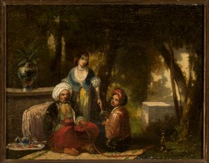 Mann med vannpipe foran et skoglandskap av Narcisse Virgile Diaz de la Peña