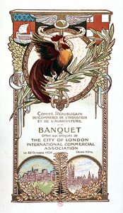 Hane og monumenter, bankettmeny til den republikanske komiteen for handel, industri og jordbruk tilbudt 22.11.1906 til delegatene fra City of Londons internasjonale kommersielle forening av Nathan Weill