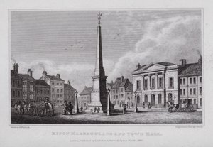 Ripon markedsplass og rådhus (gravering) av Nathaniel (after) Whittock