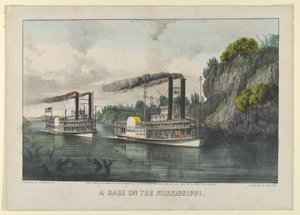 A Race on the Mississippi, 1870., 1870. Skapere: Nathaniel Currier, James Merritt Ives, Currier og Ives. av Currier and Ives