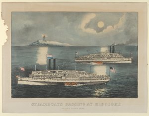 Dampbåter passerer ved midnatt - On Long Island Sound, 1872-74., 1872-74. Skapere: Nathaniel Currier, James Merritt Ives, Currier og Ives. av Currier and Ives