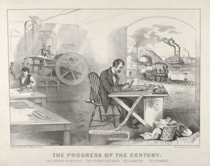 The Progress of the Century - The Lightning Steam Press. Den elektriske telegrafen. The Locom..., 1876. Skapere: Nathaniel Currier, James Merritt Ives, Currier og Ives.