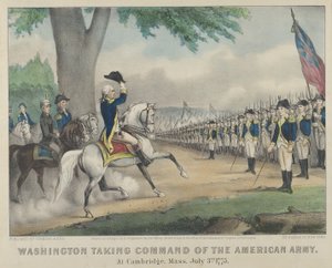 Washington tar kommandoen over den amerikanske hæren - i Cambridge, Massachusetts, 3. juli 17..., 1876. Skapere: Nathaniel Currier, James Merritt Ives, Currier og Ives. av Currier and Ives
