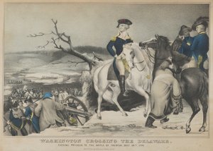 Washington krysser Delaware-kvelden før slaget ved Trenton, 25. desember..., 1847. av Nathaniel Currier