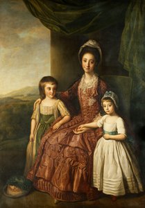 Et gruppeportrett av Mary, grevinne av Darnley og hennes barn, Lord Clifton og Lady Mary Bligh, alle i full lengde, av Nathaniel Dance Holland
