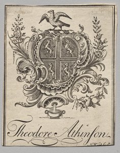 Bokskilt: Våpenskjold med Theodore Atkinson påskrevet