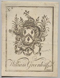 Bokskilt: våpenskjold med William Greenleaf Jun.r påskrevet