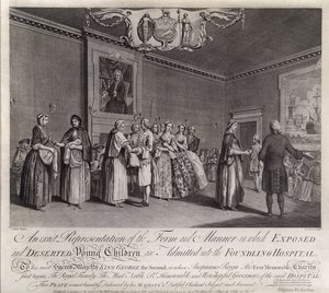 En eksakt representasjon av formen og måten eksponerte og øde små barn blir tatt inn på Foundling Hospital, 1749
