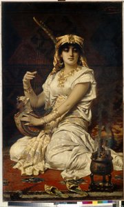 Almee (Almee). Portrett av en vakker, lærd og utdannet kvinne, som spiller musikk, kledd i et egyptisk kostyme. Maleri av Nathaniel Sichel (1843-1907), olje på lerret