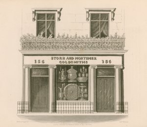 Butikkfront i jonisk stil til herrer Storr og Mortimer, gullsmeder og gullsmeder, No 156, Bond Street, London av Nathaniel Whittock