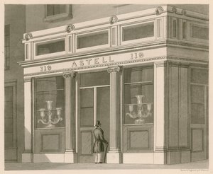 Butikkfront for Astell, Wine and Spirit Warehouse, Grafton Street, Tottenham Court Road av Nathaniel Whittock