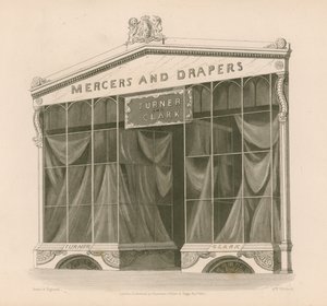 Butikkfront for Mrs Turner og Clark, Mercers and Drapers, Coventry Street, London av Nathaniel Whittock