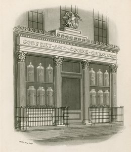 Butikk foran Godfrey og Cooke, Chemists, Conduit Street, London av Nathaniel Whittock