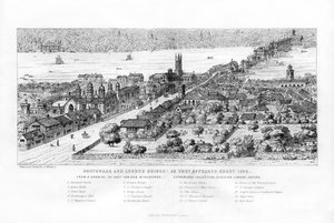 Southwark og London Bridge slik de dukket opp rundt 1546, c1860.