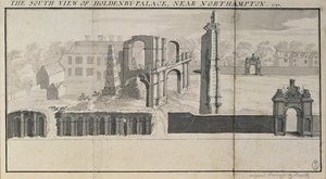 Sørutsikt over Holdenby House og ruiner sett i 1729 av Nathaniel and Samuel Buck