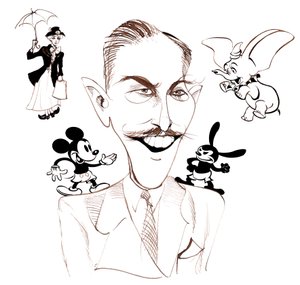 Walt Disney, amerikansk filmprodusent, forretningsmagnat, tegneserieskaper og animatør; karikert med Mary Poppins av Neale Osborne