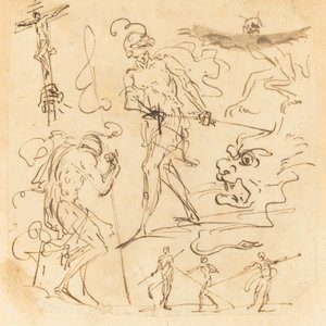 Ark med studier med en soldat som tegner et sverd, et krusifiks, uhyrlige dyr og andre figurer av Neapolitan 17th Century